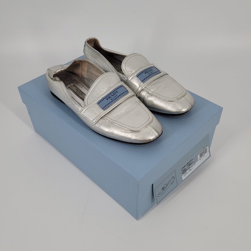 Prada Silver Leather Logo Loafers Flats Size 35 with Box and Dustbags